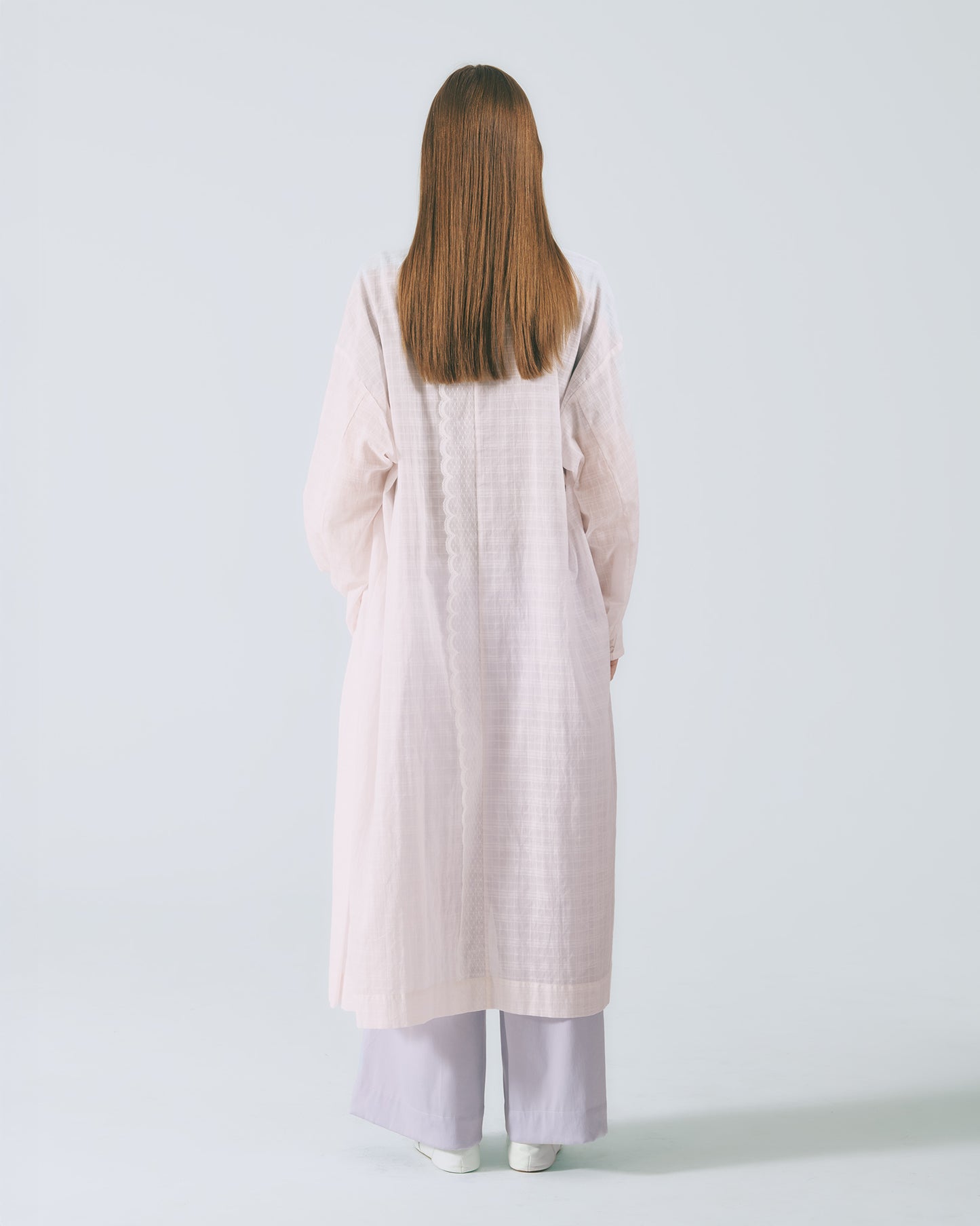 格紋透紗立領長版外套 (粉色)