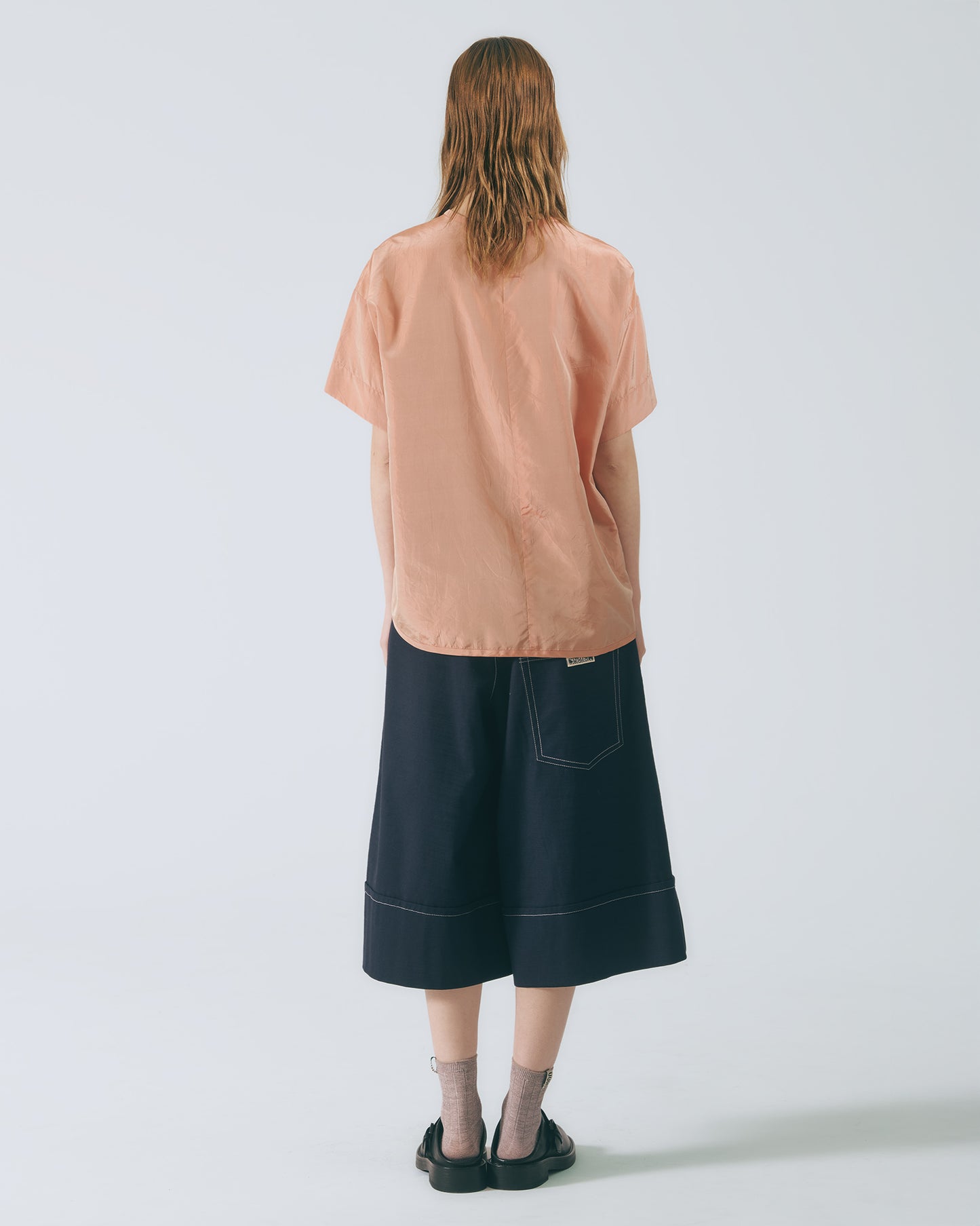 絲質光澤寬袖上衣 (橘紅)