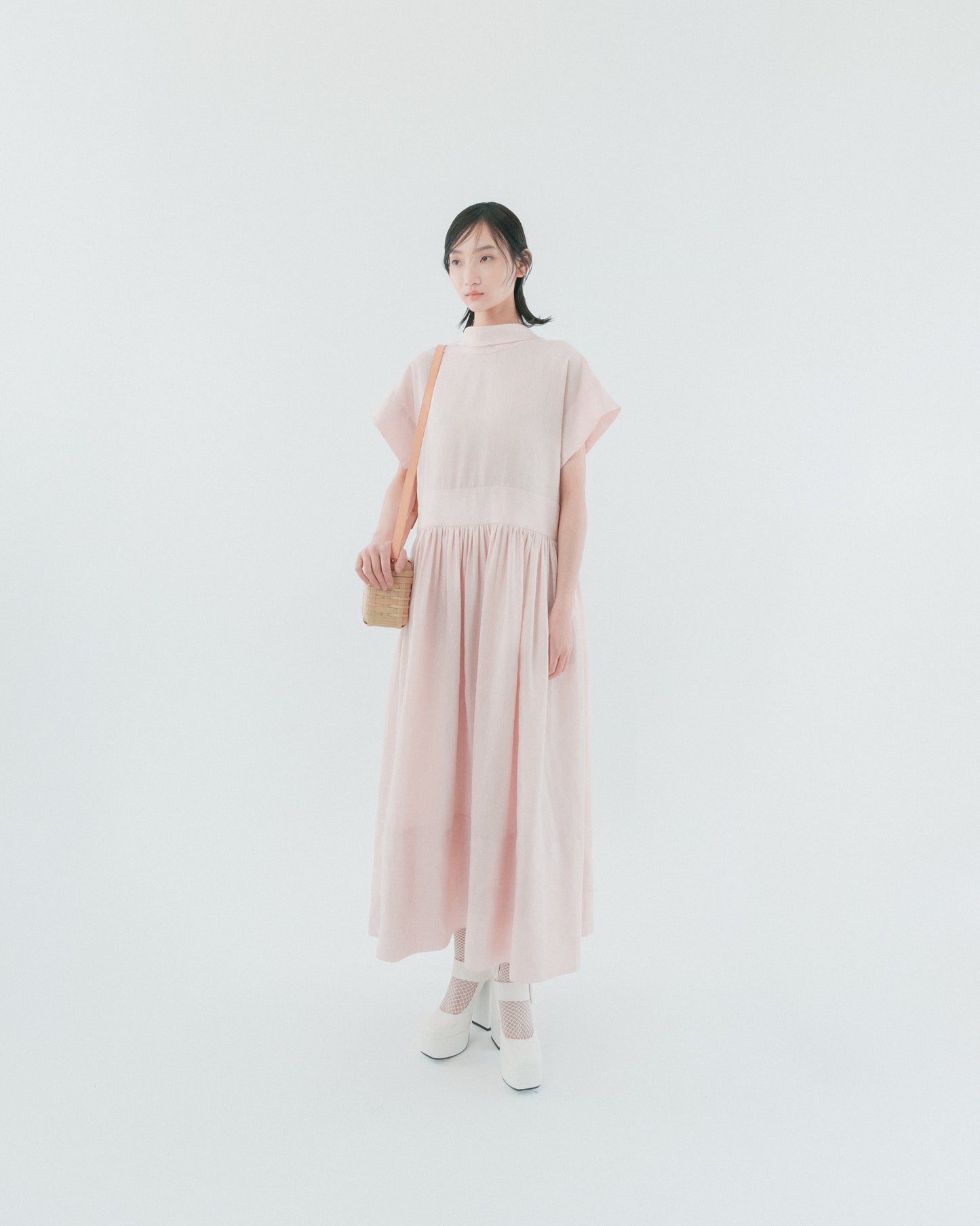 Pink linen long-sleeved dress