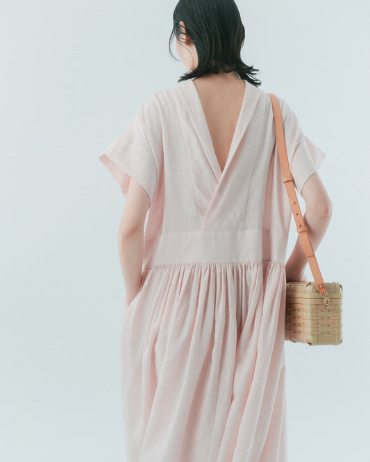 粉麻連袖洋裝
