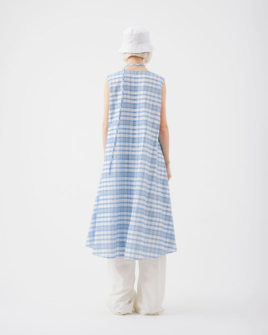 藍白格無袖V領洋裝