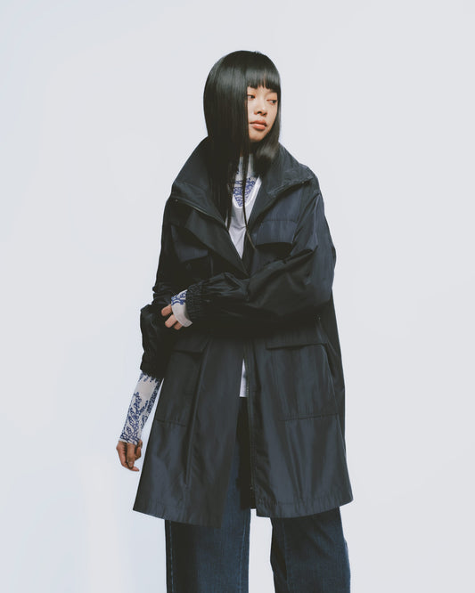 純色機能多口袋風衣外套(深藍)