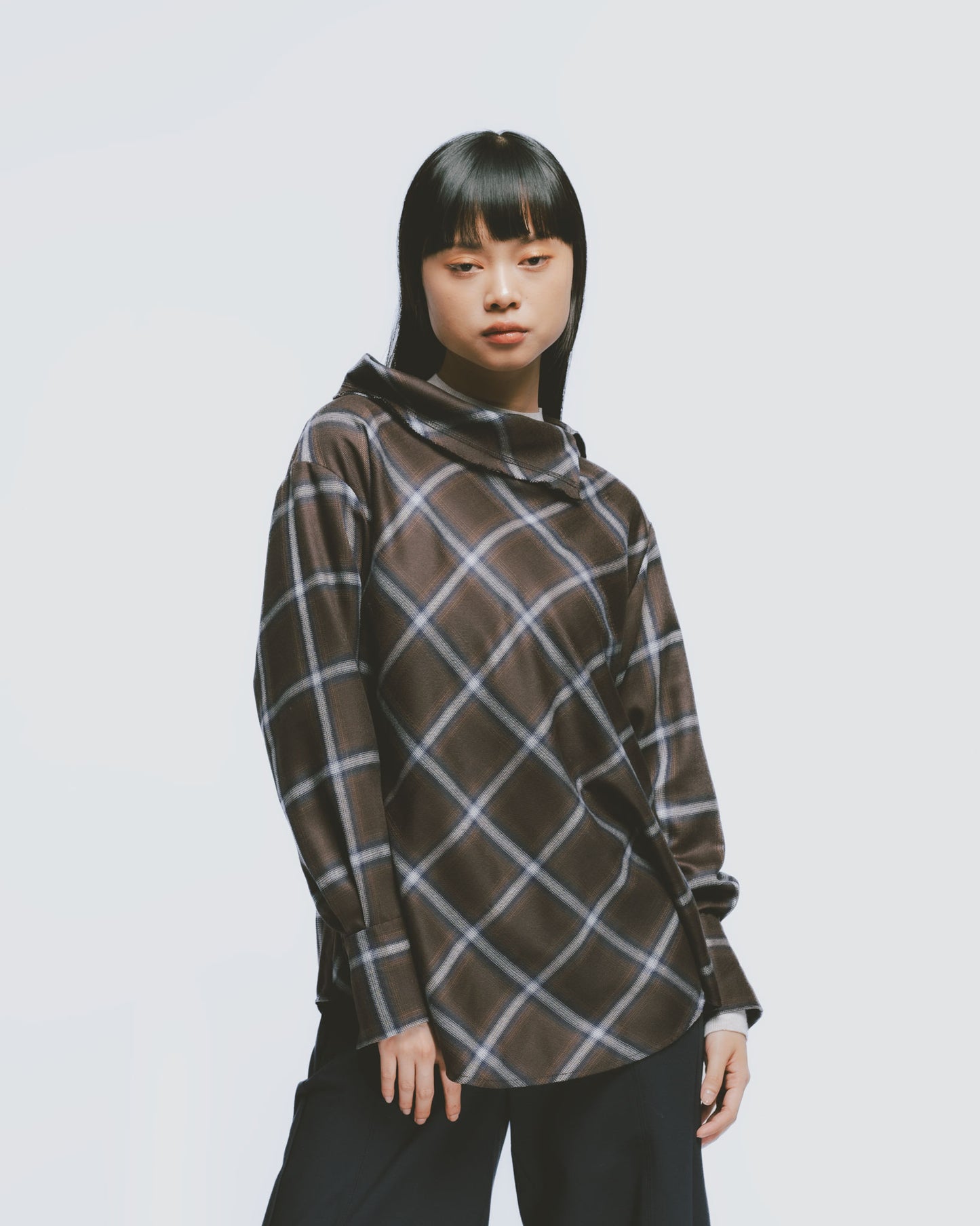 Retro coffee plaid funnel neck top
