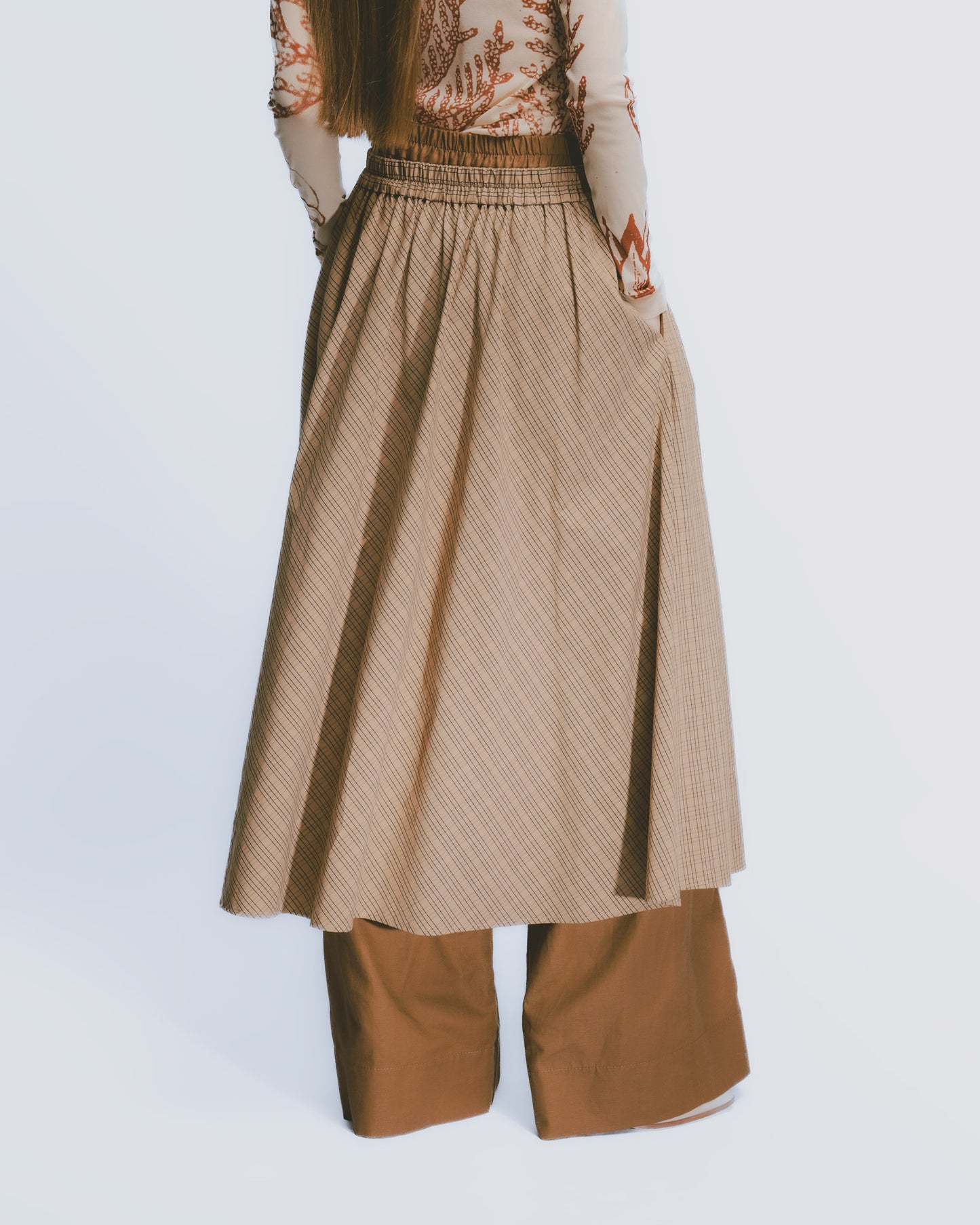 Khaki plaid elastic pleated loose skirt