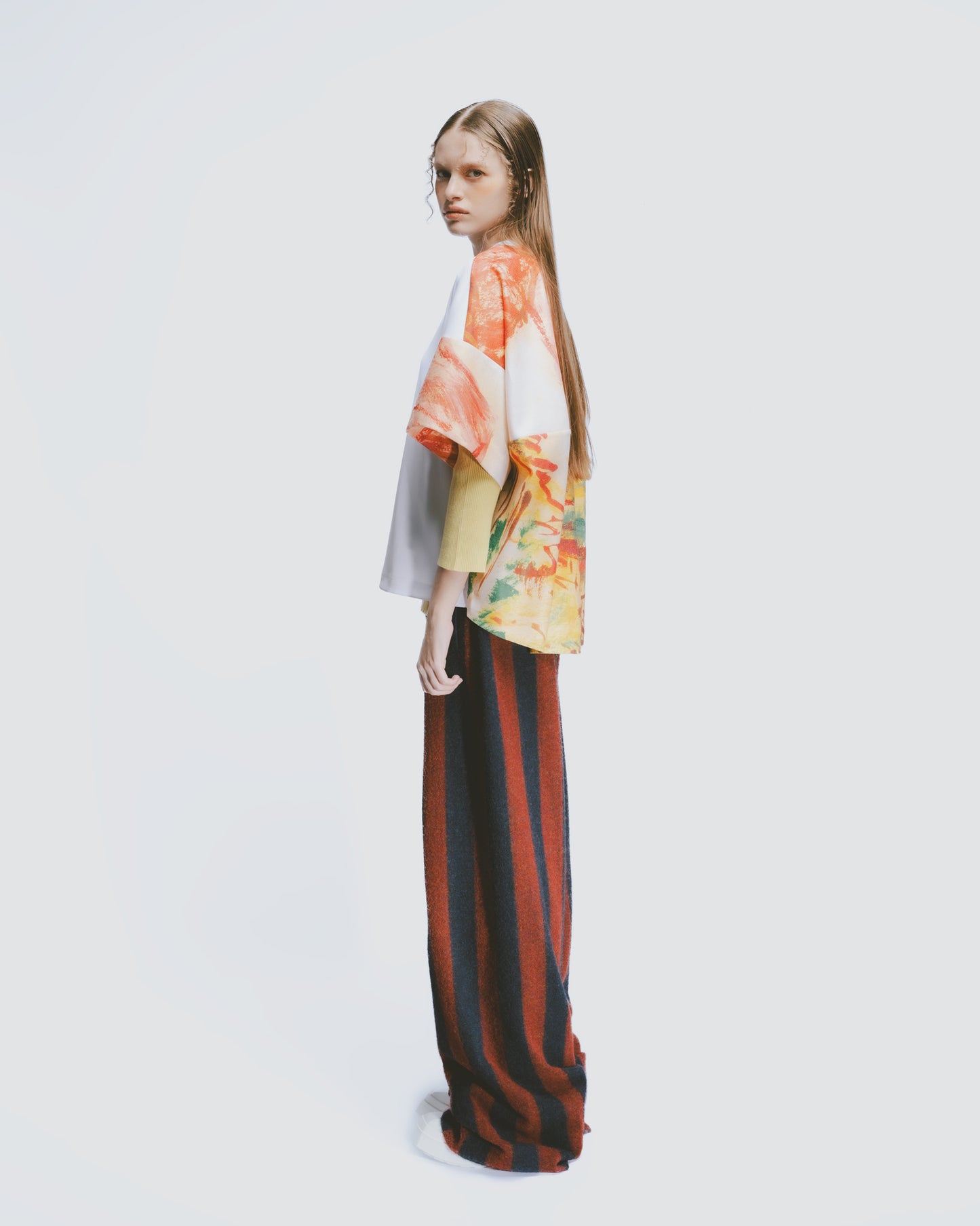 Wool blend contrast striped wide pants