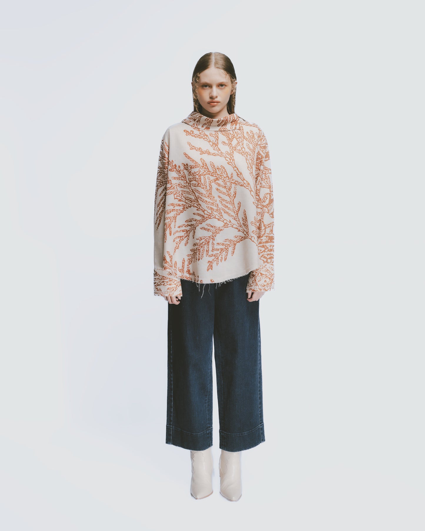 Khaki Conifer Print Funnel Neck Top