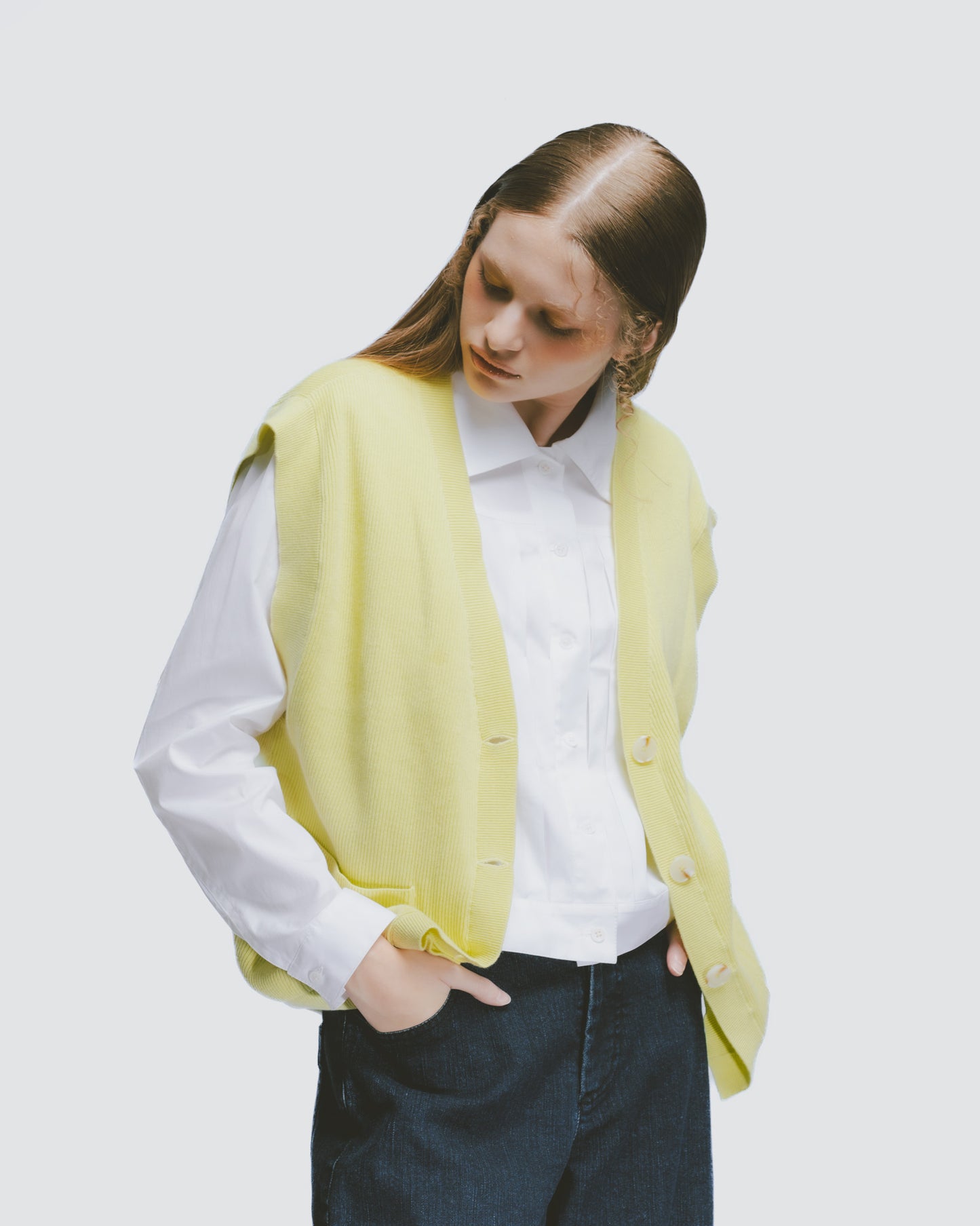 Cotton Wicker Weave Cardigan Vest (Yellow)