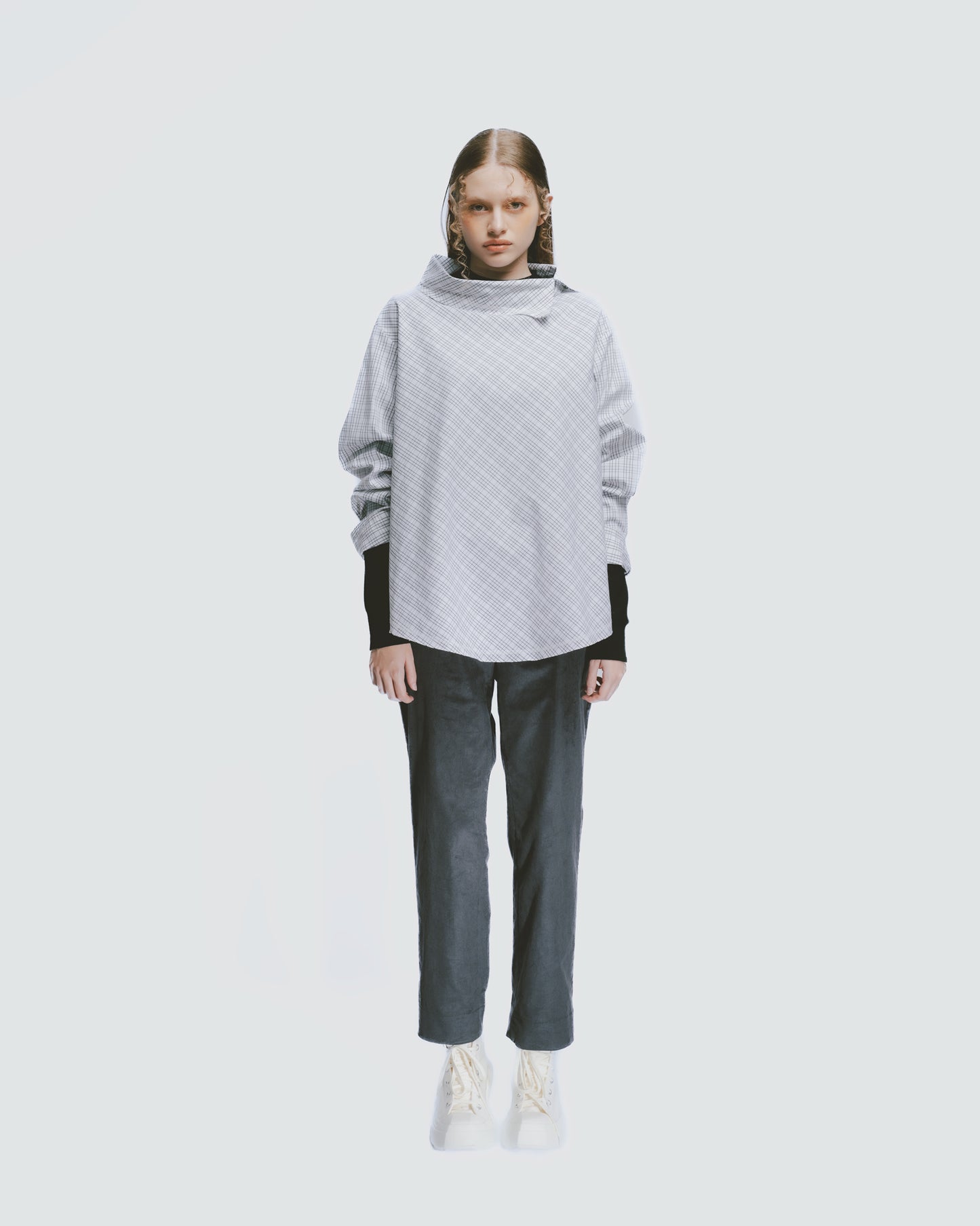 Black and white plaid funnel neck top