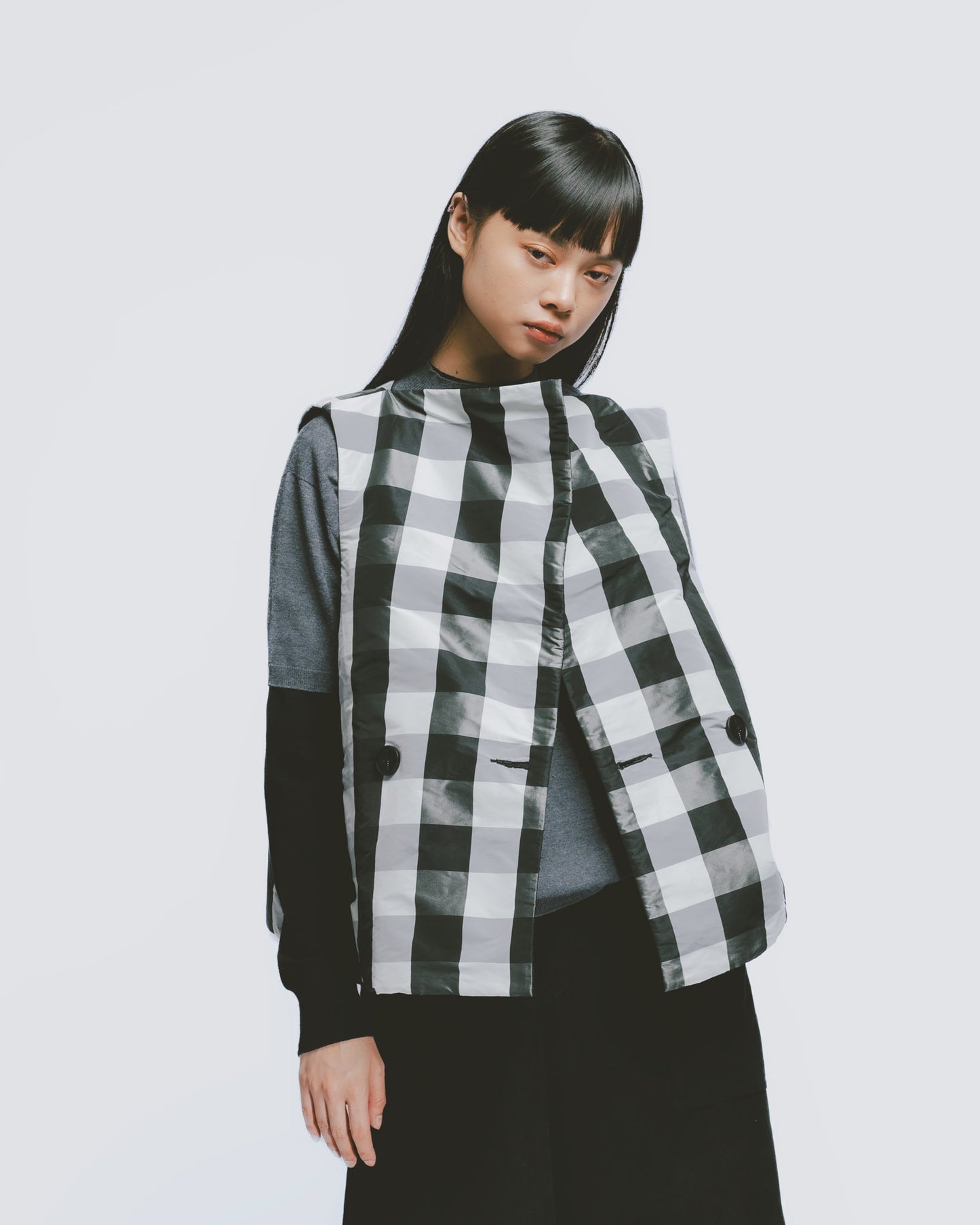 Black and white check reversible double-breasted vest