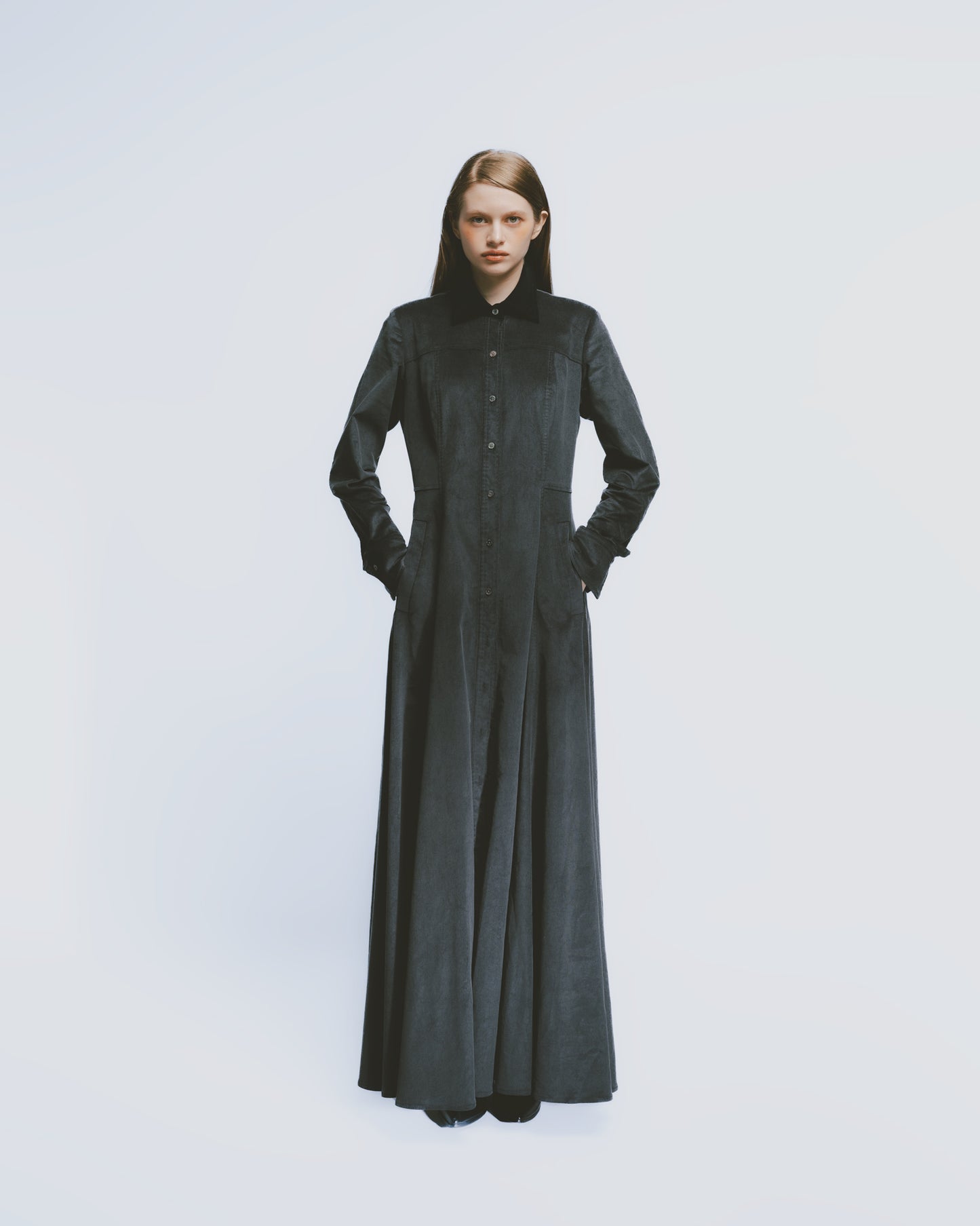 Corduroy shirt collar slim waist dress