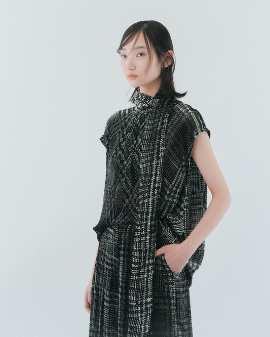 格紋絨抽皺高領上衣