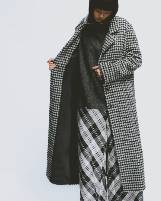 千鳥格紋羊毛混紡大衣(黑)