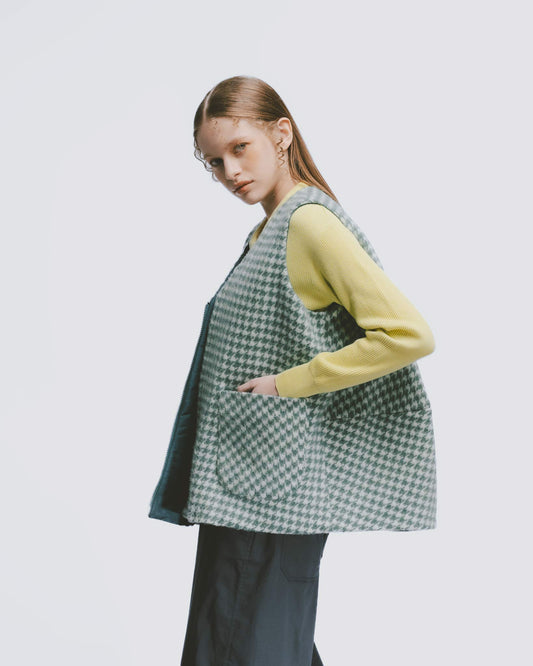 千鳥格紋毛料雙面穿背心 (綠)