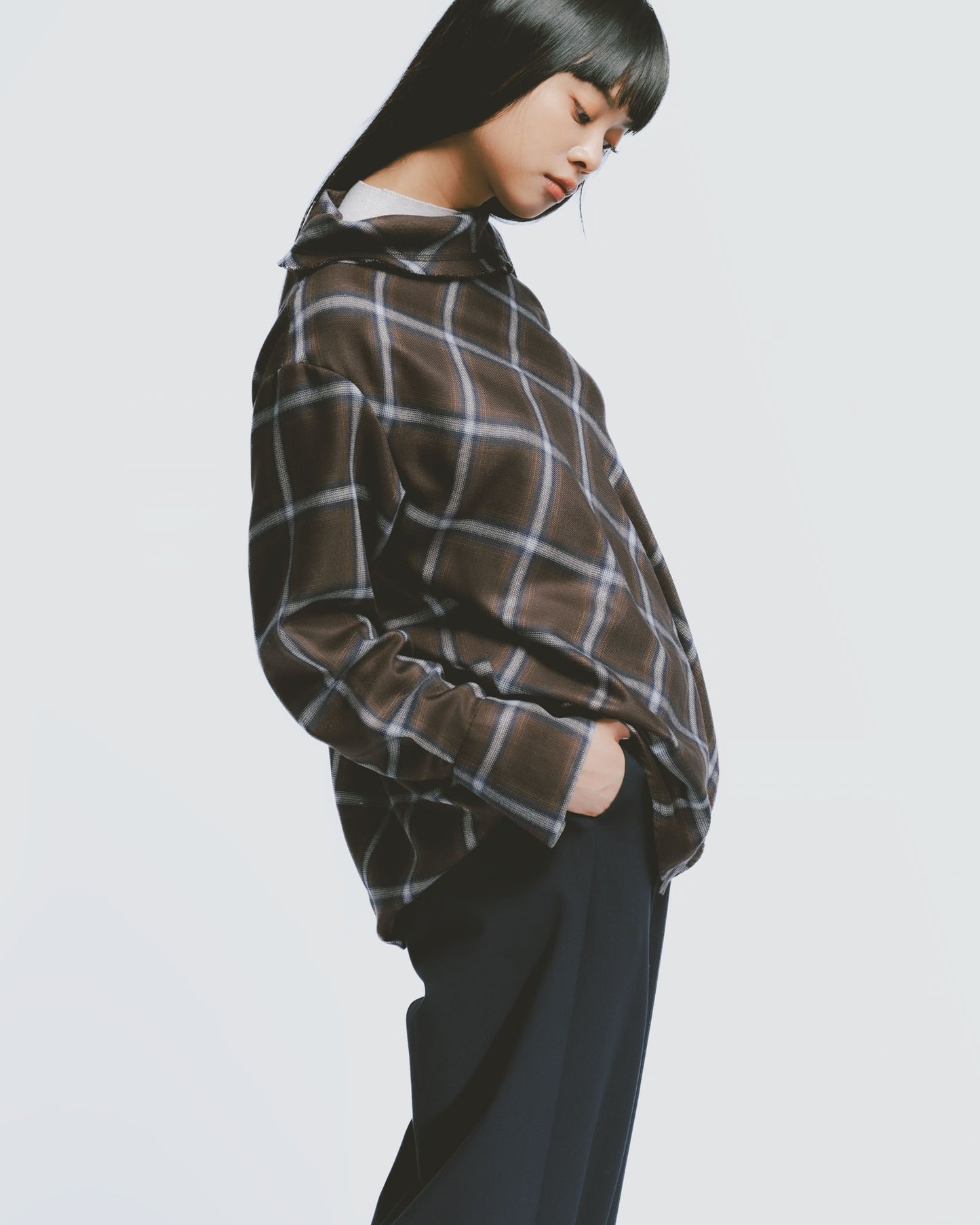Retro coffee plaid funnel neck top