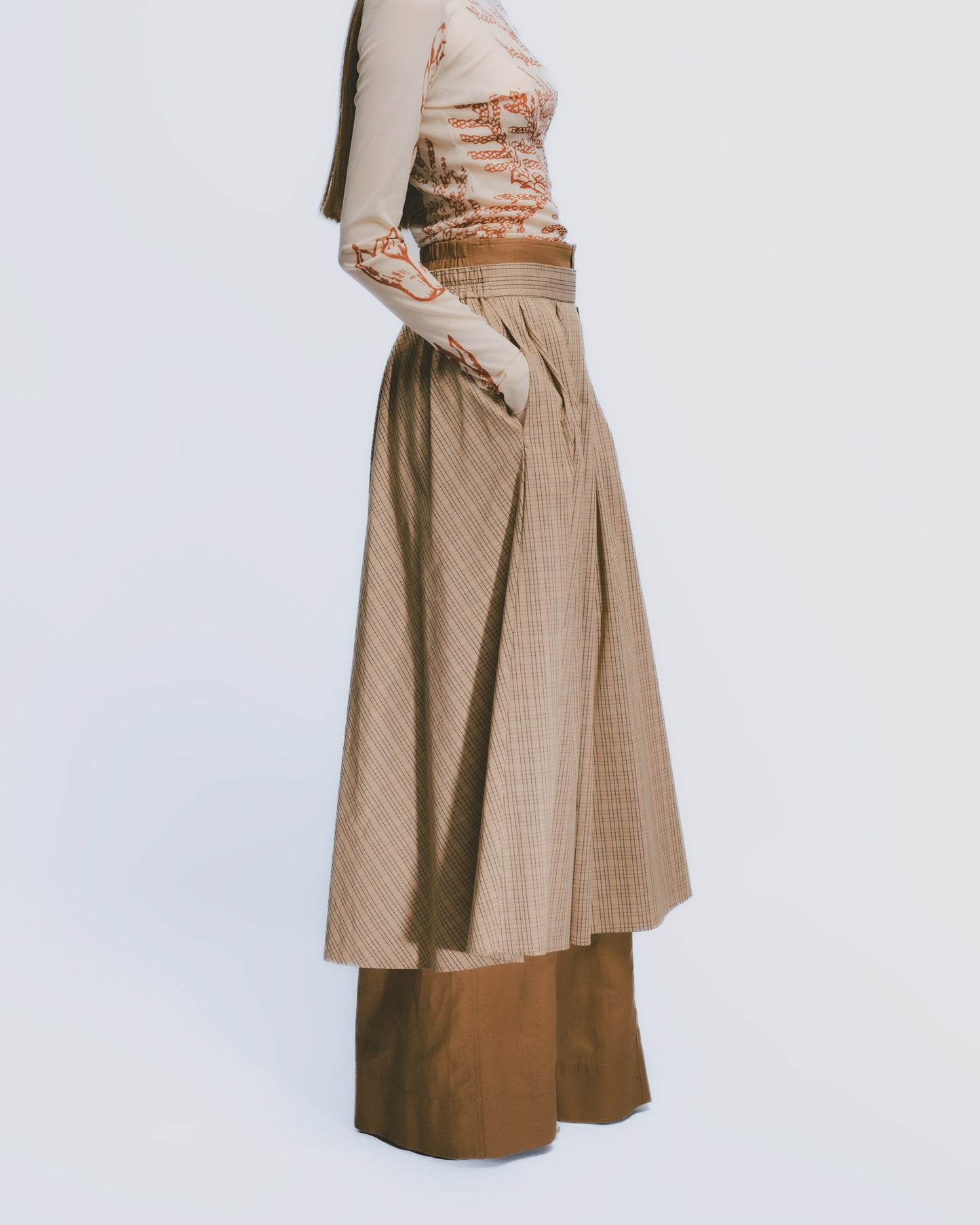 Khaki plaid elastic pleated loose skirt