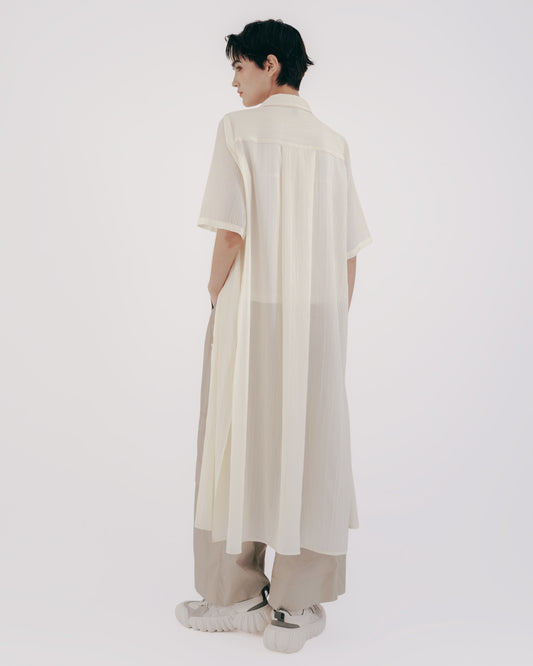 淺黃壓褶領綁帶長版罩衫