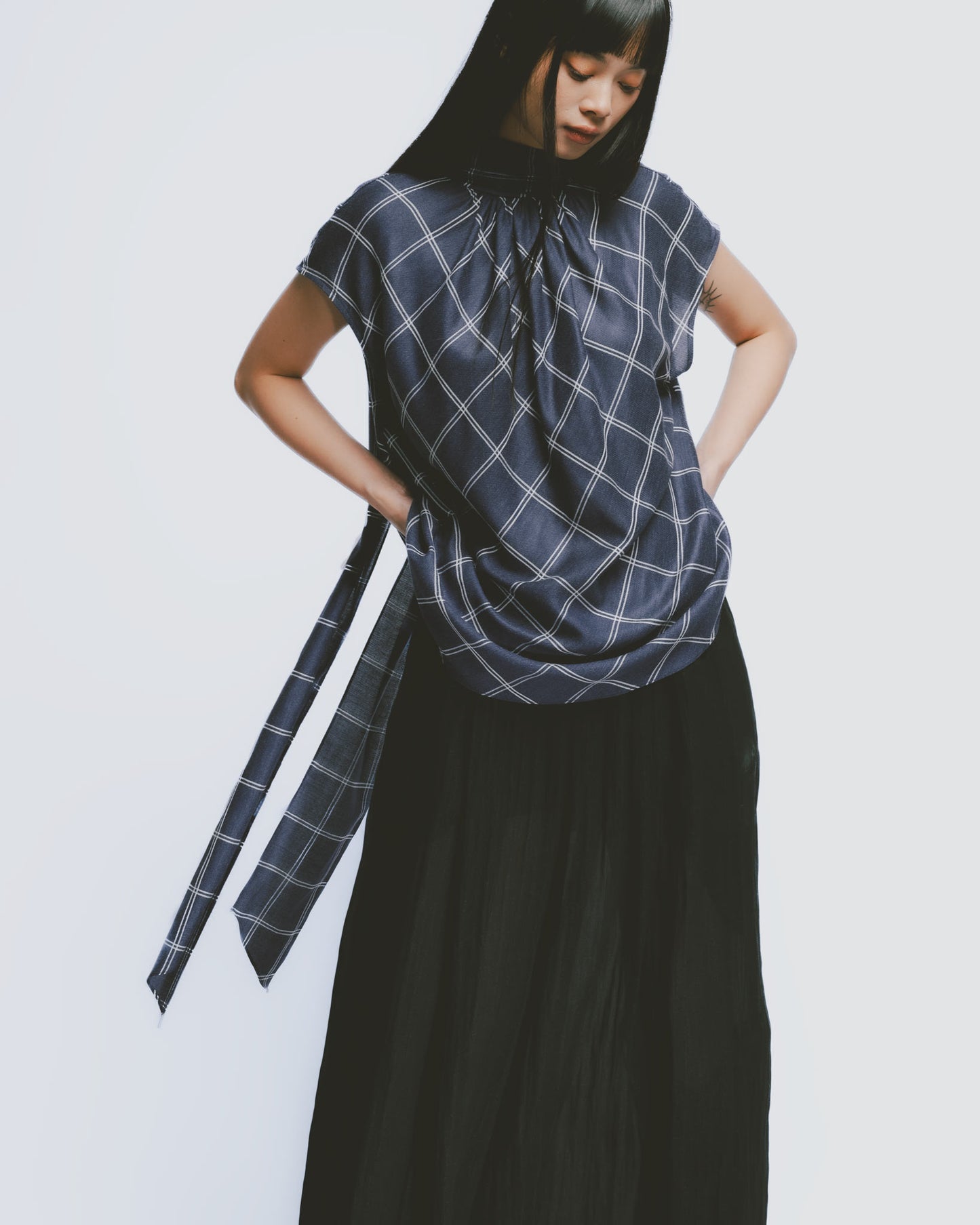 Blue and white plaid high collar pleated top