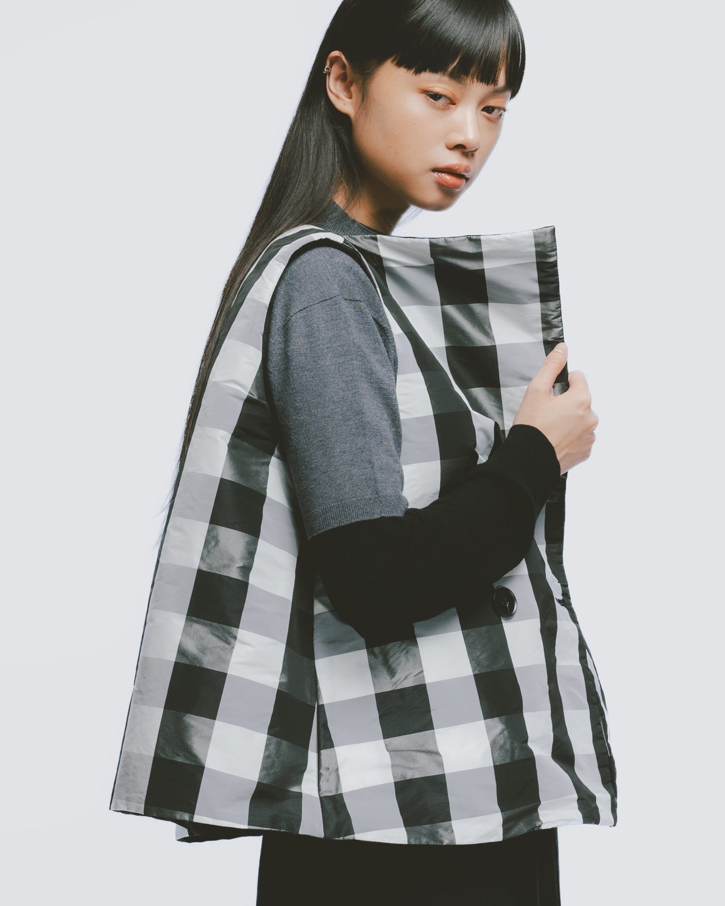 Black and white check reversible double-breasted vest