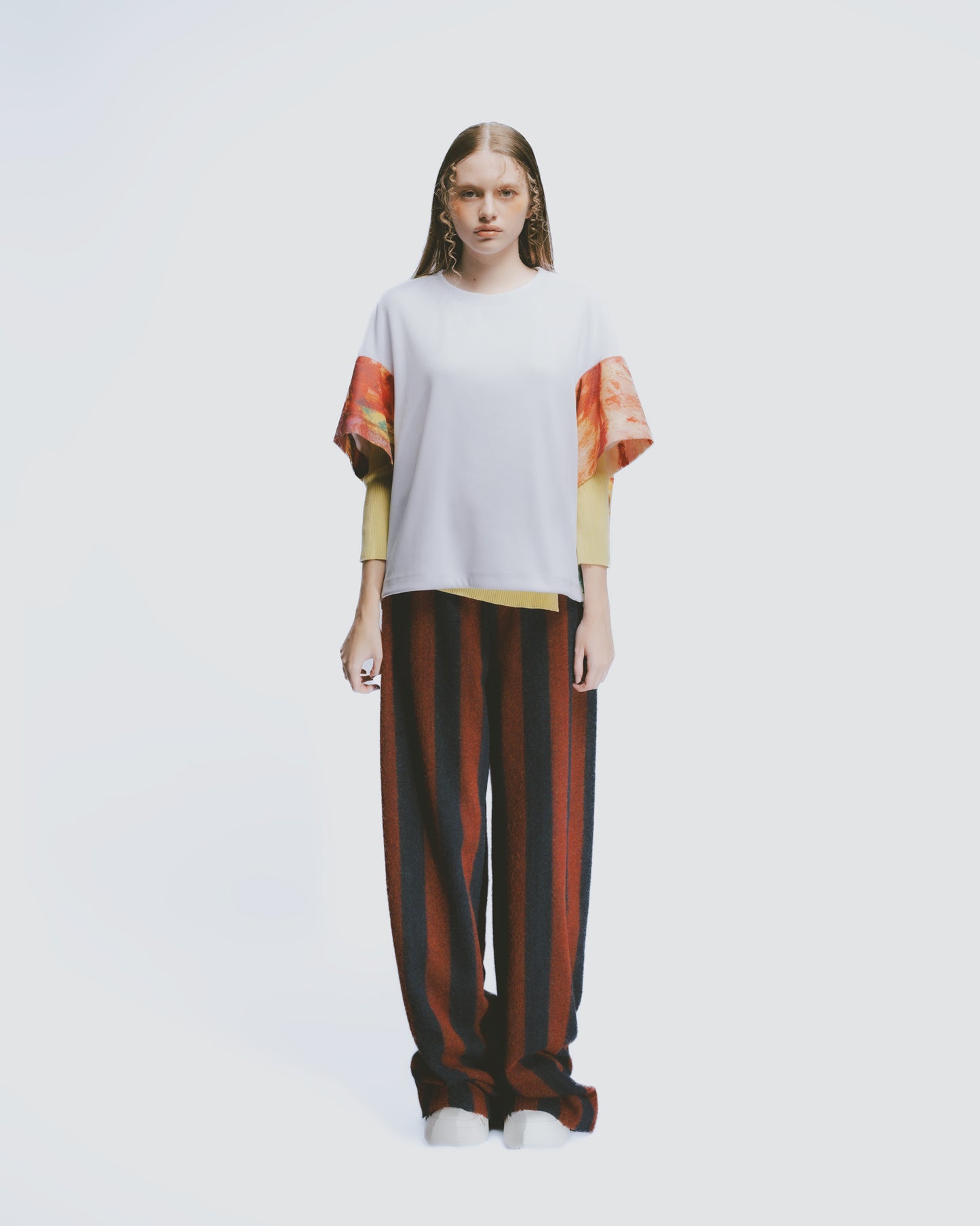 Wool blend contrast striped wide pants