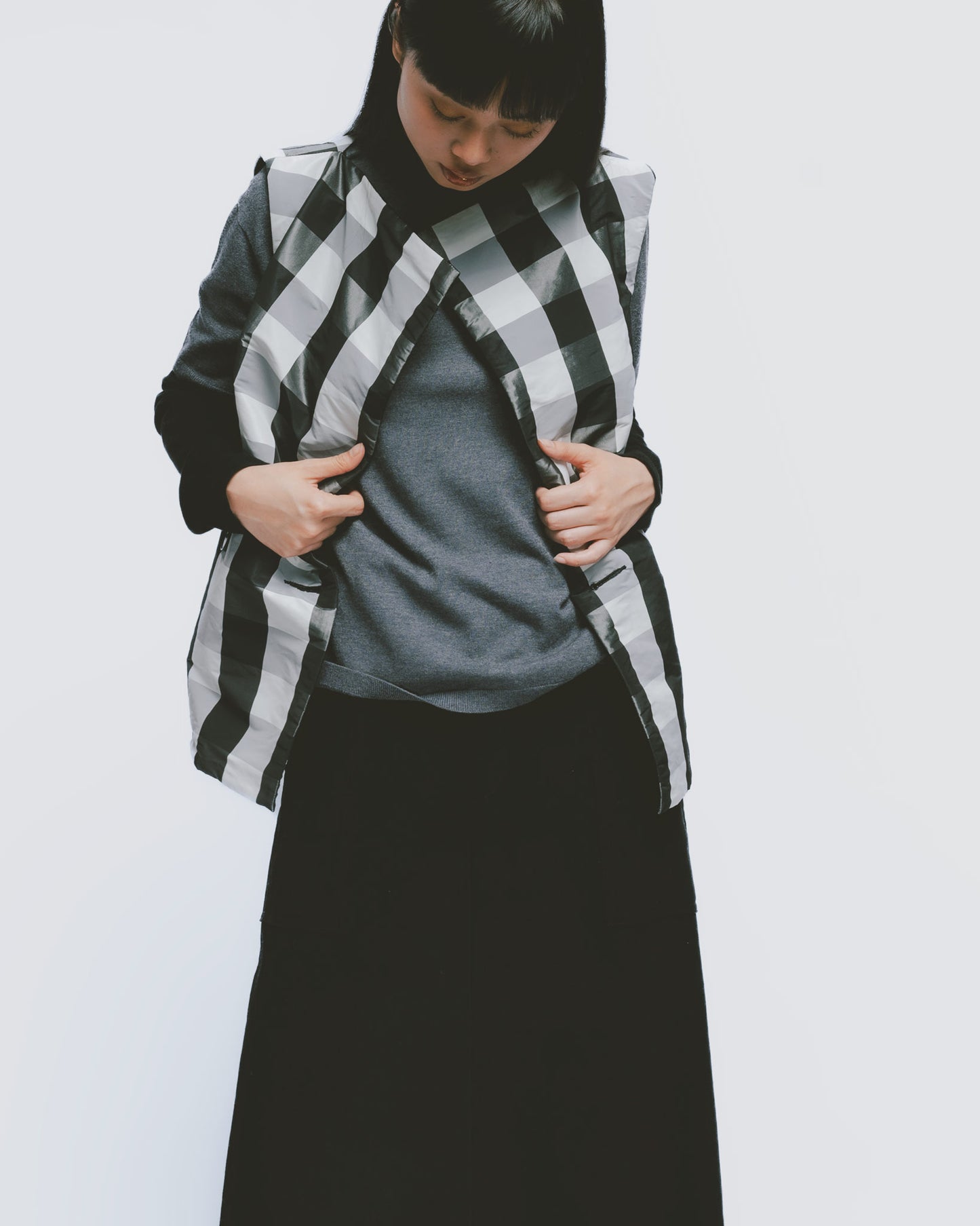 Black and white check reversible double-breasted vest