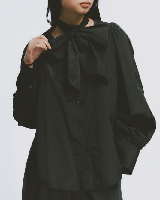 真絲宮廷袖綁脖上衣(黑)