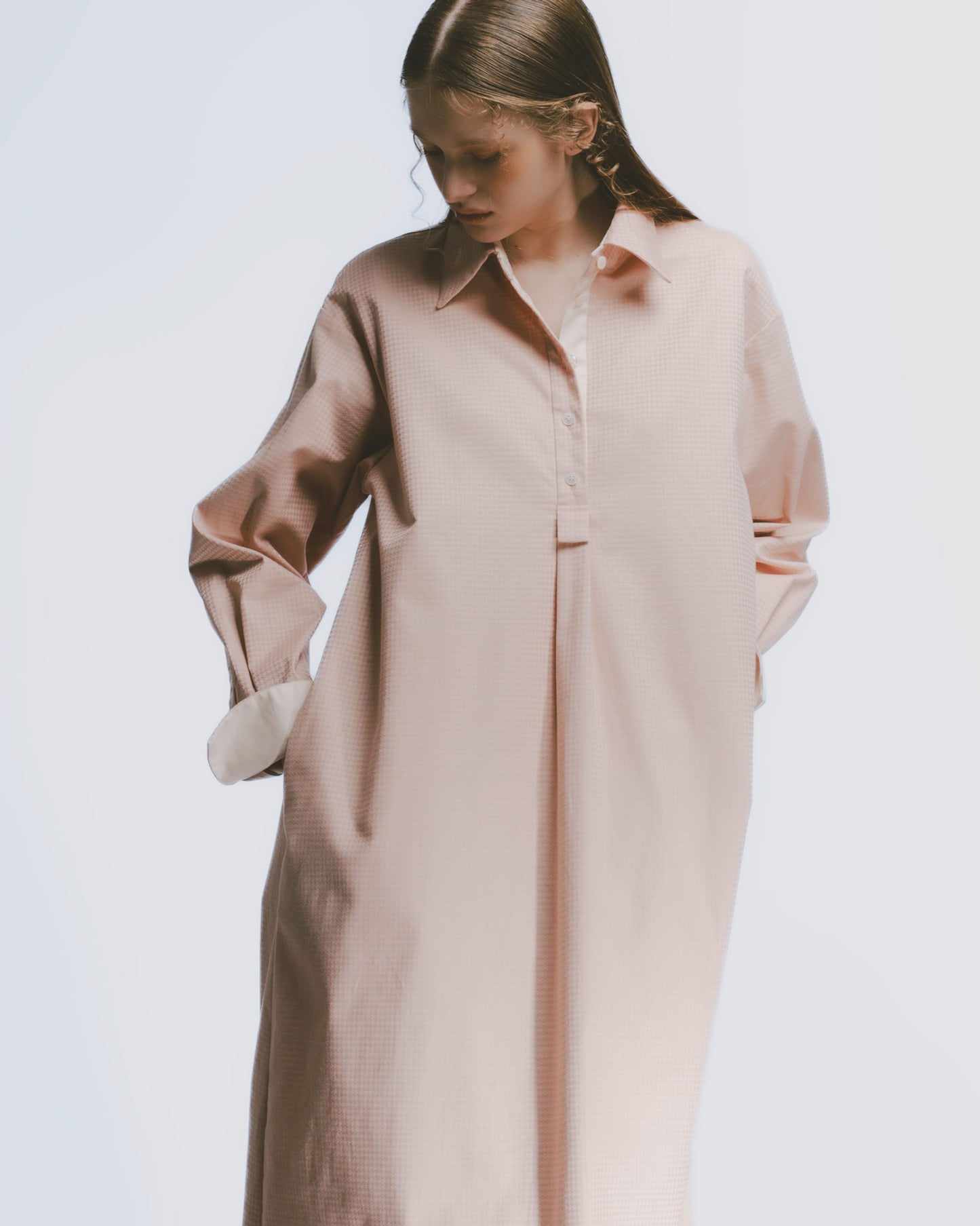 Houndstooth Pattern Half-Breasted Long Dress (Pink)