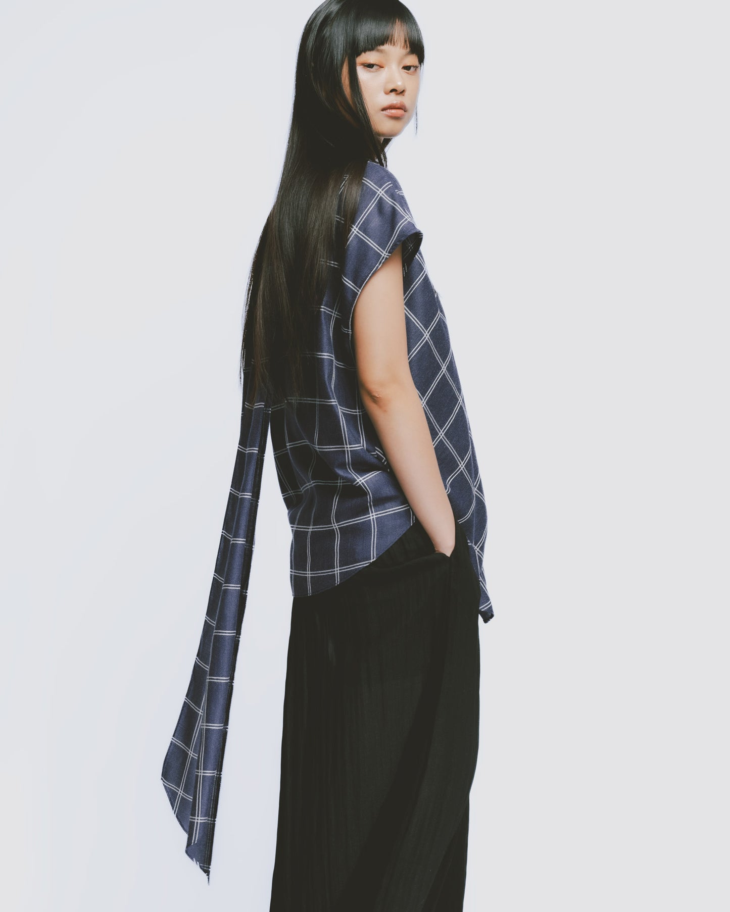 Blue and white plaid high collar pleated top
