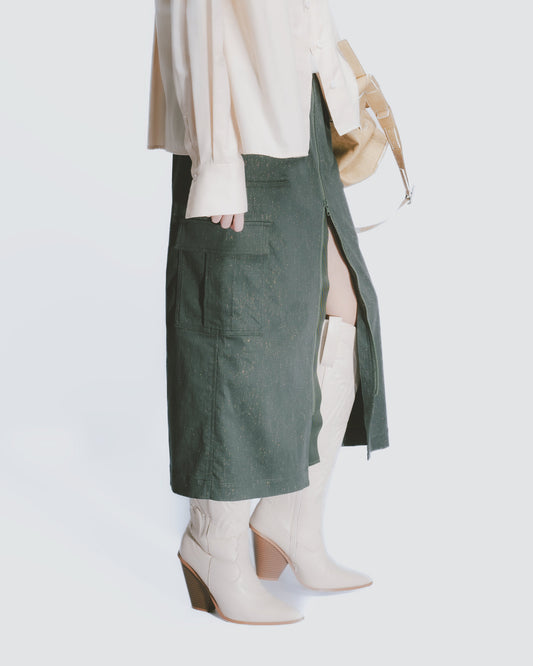 工裝元素多口袋拉鍊直裙(深綠)