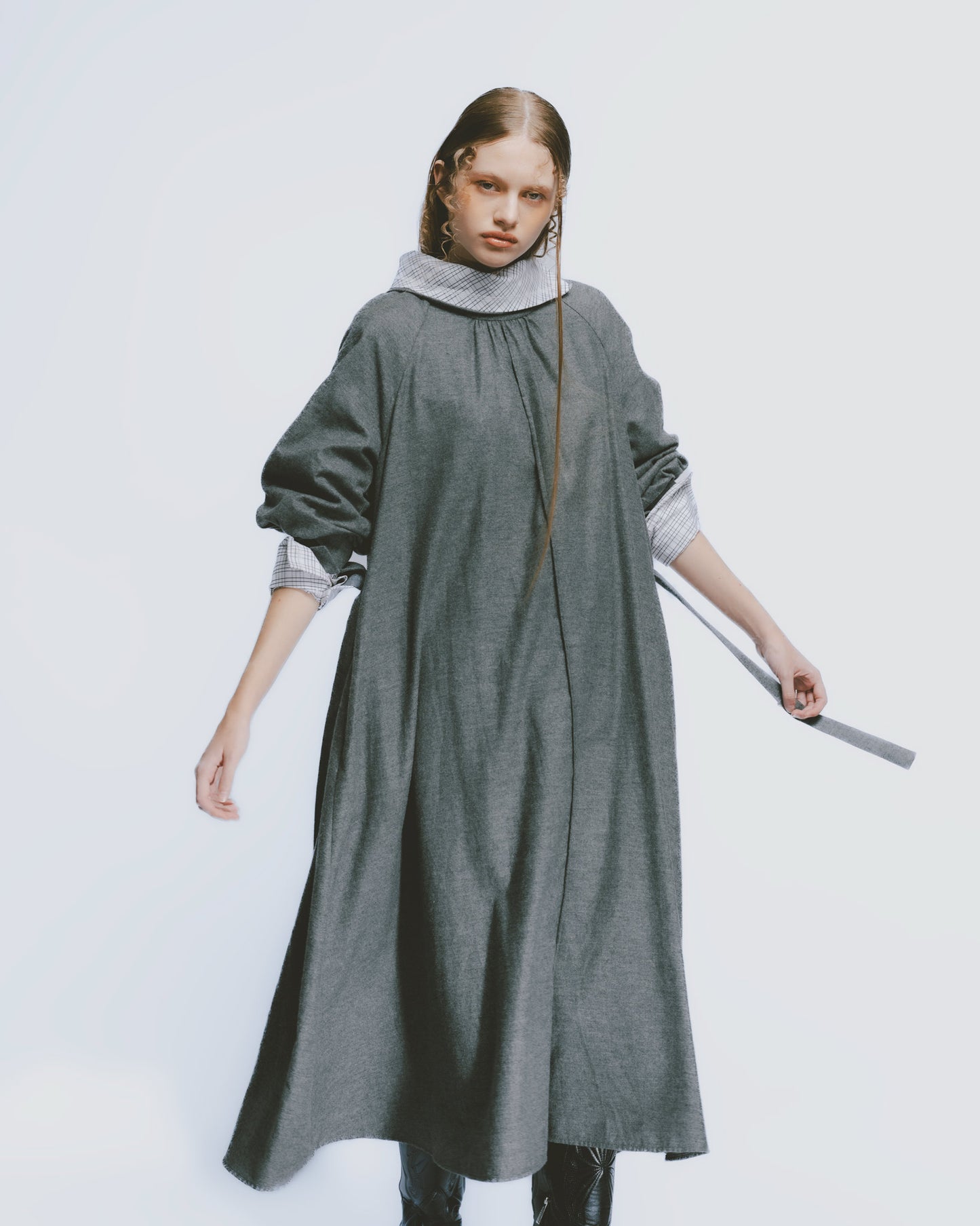 Misty grey brushed tie loose dress