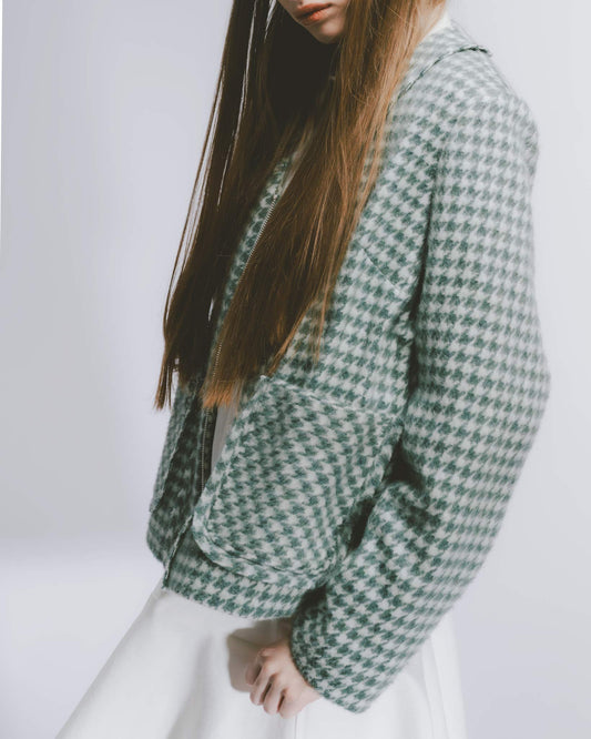 千鳥格收腰毛料外套 (綠)