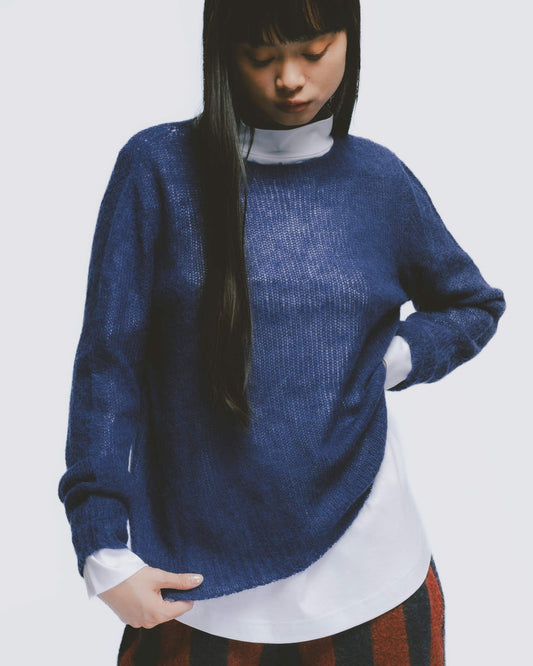 圓領羊駝毛長袖上衣 (深藍)