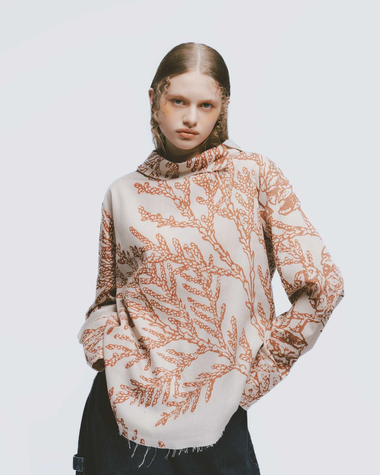 Khaki Conifer Print Funnel Neck Top