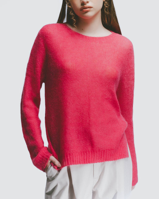 圓領羊駝毛長袖上衣 (桃紅)