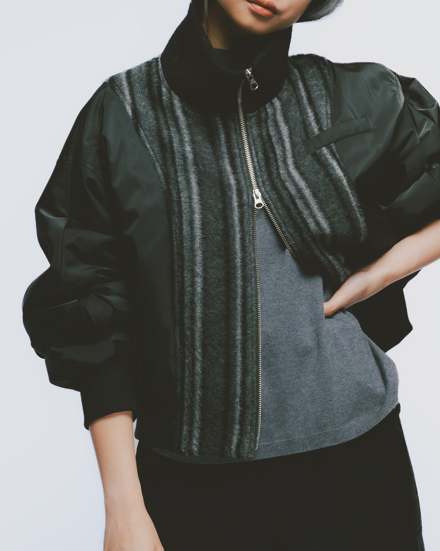 Wool patchwork quilted bomber jacket