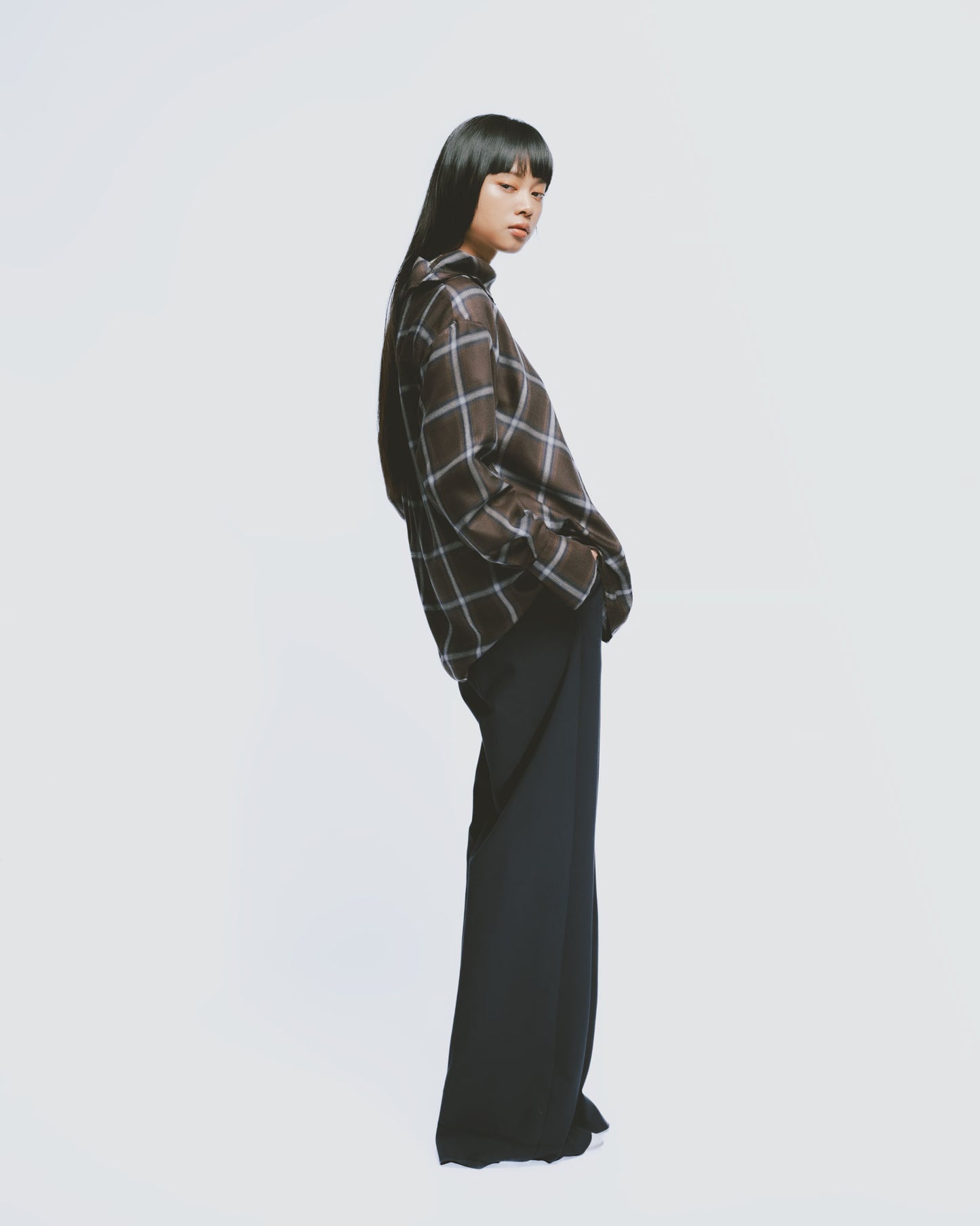 Retro coffee plaid funnel neck top