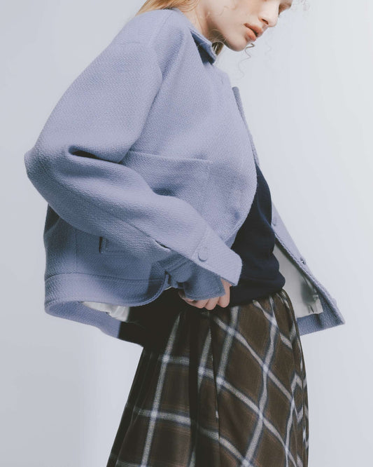 銀蔥雙口袋短版毛料外套 (霧藍)