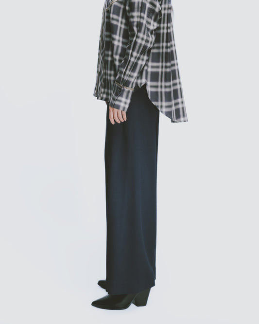 羊毛混紡深藍斜紋寬褲