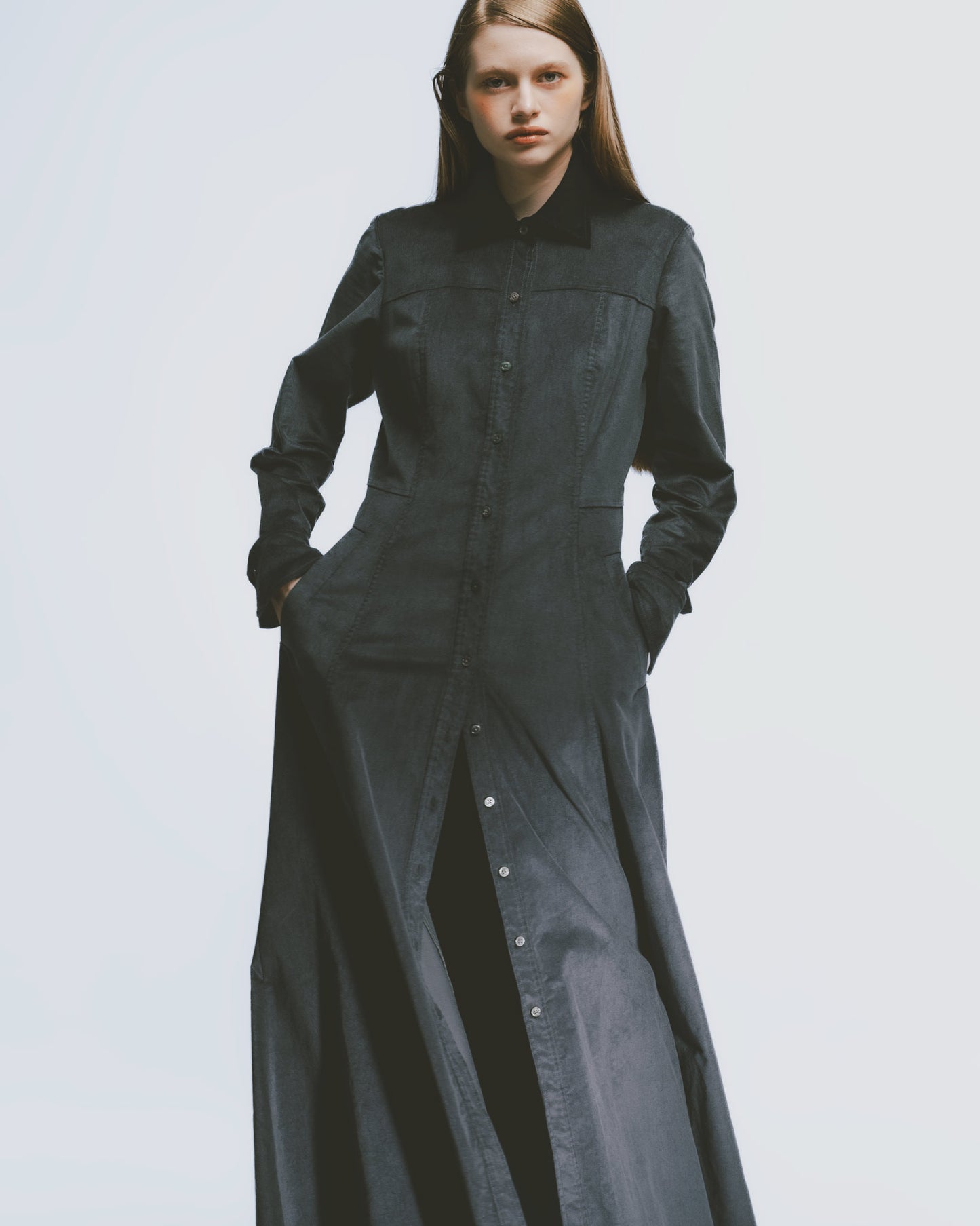 Corduroy shirt collar slim waist dress