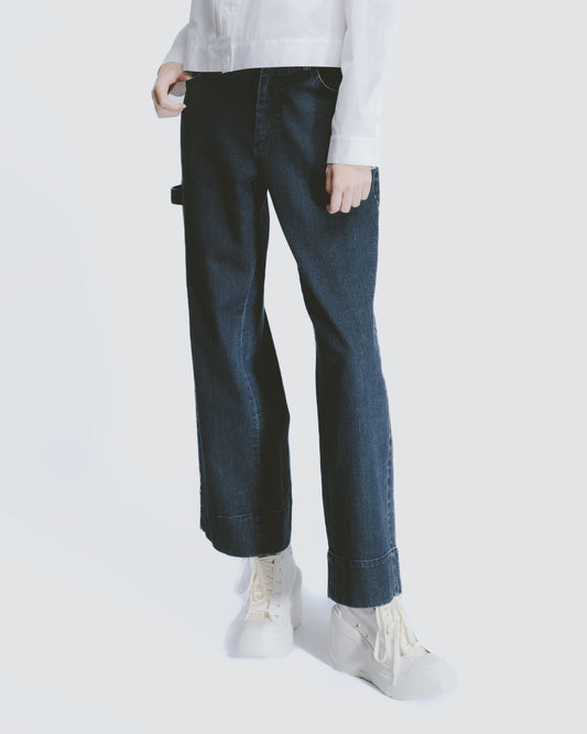 深藍水洗單寧直筒褲