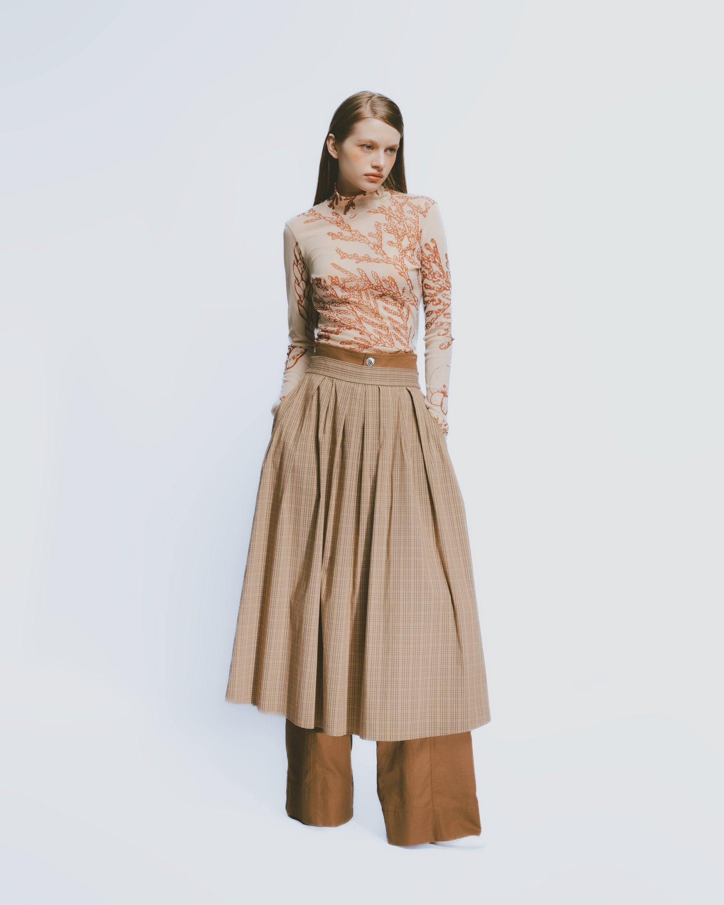 Khaki plaid elastic pleated loose skirt