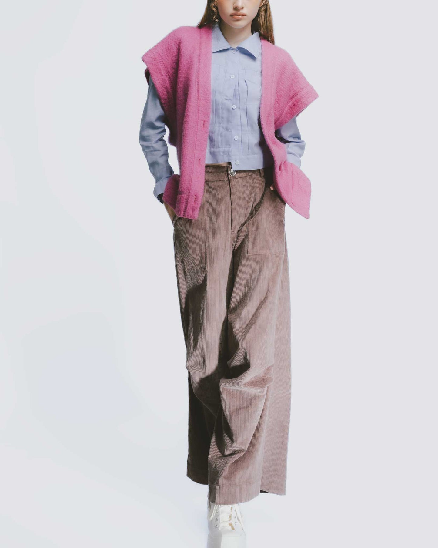 Corduroy Knee-Pleated Wide-Band Cargo Pants (Brown)