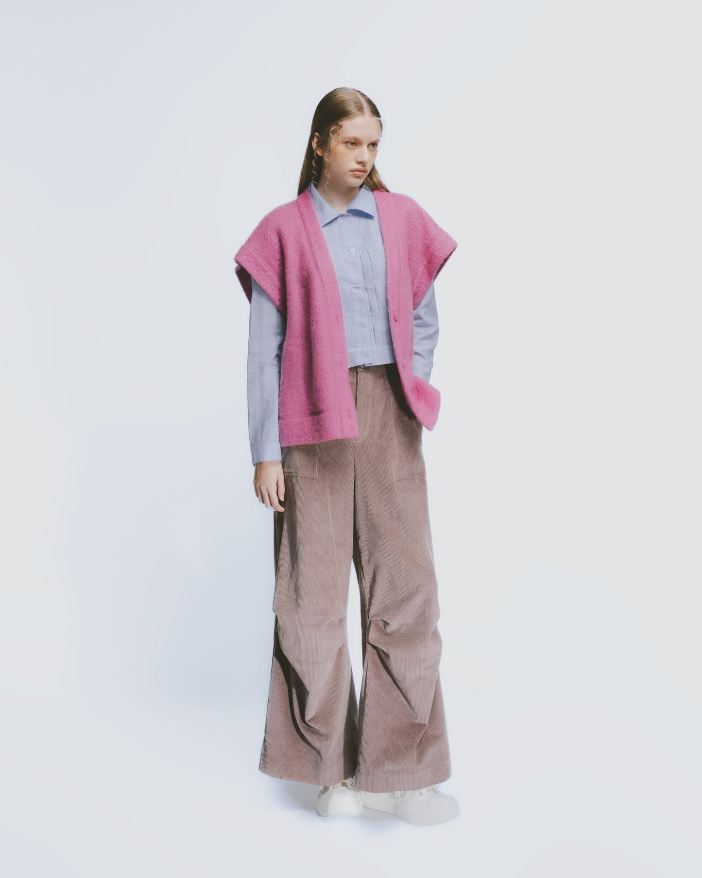 Corduroy Knee-Pleated Wide-Band Cargo Pants (Brown)