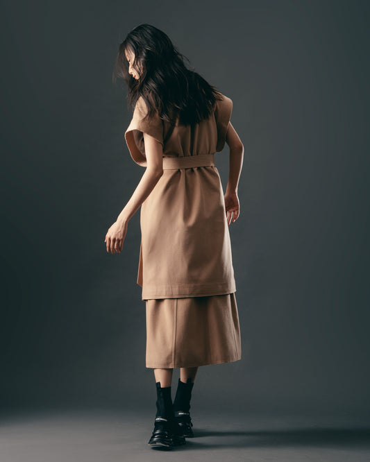 切邊設計毛呢綁帶大衣