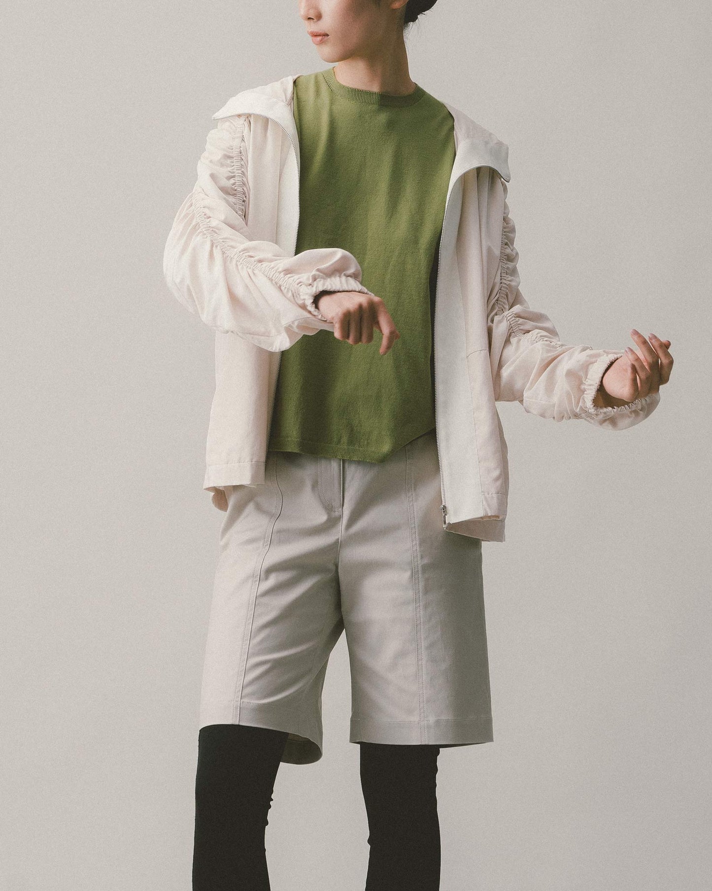Beige Hooded Shirred Jacket
