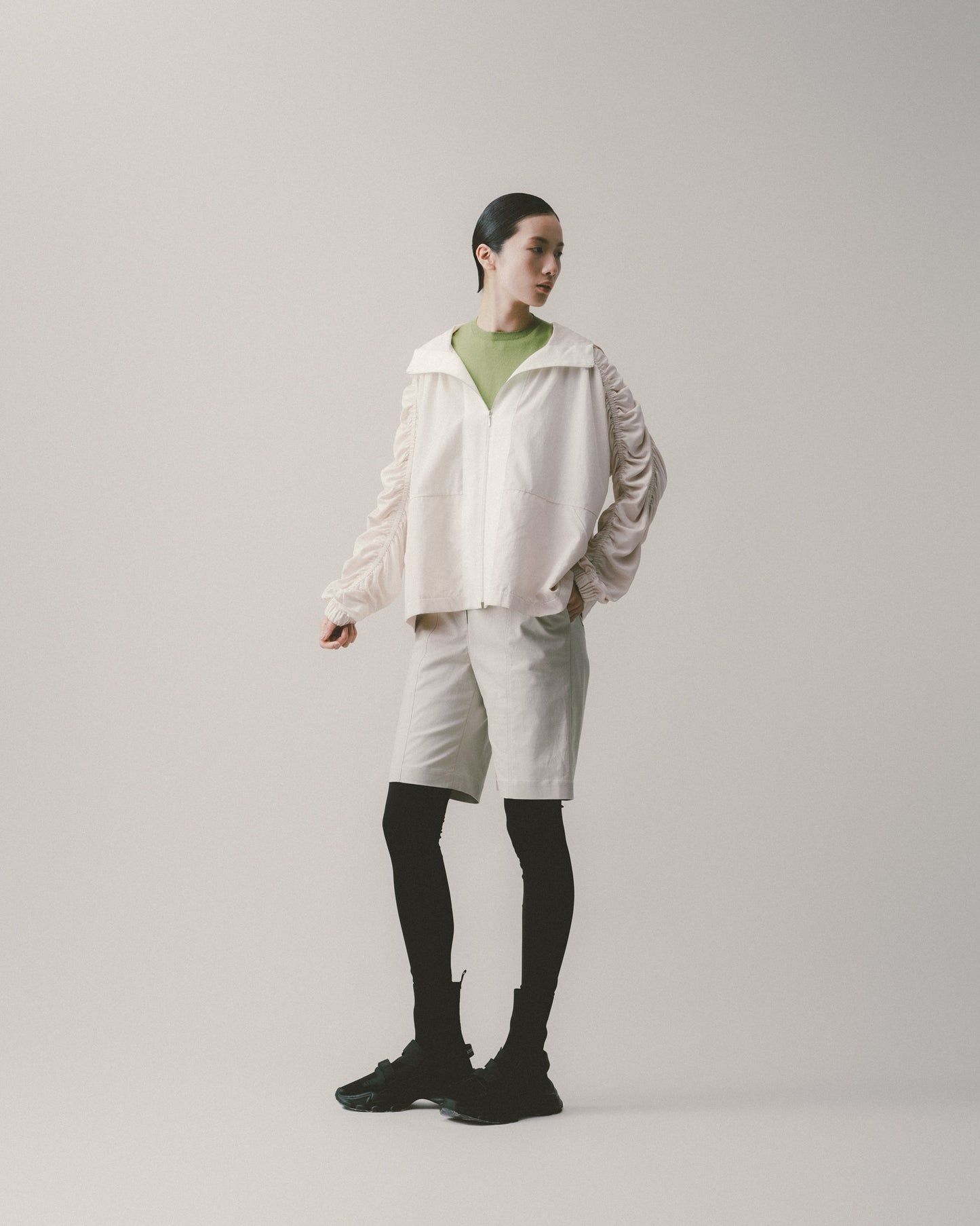 Beige Hooded Shirred Jacket