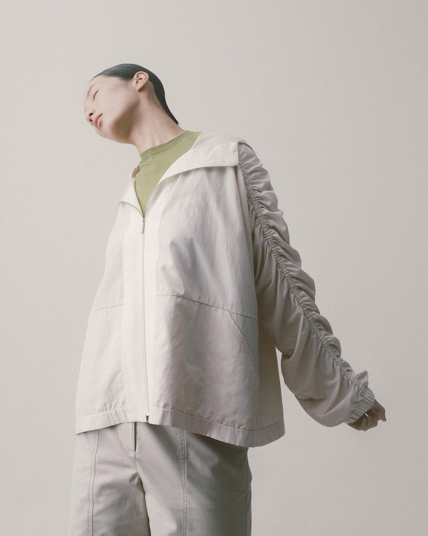 Beige Hooded Shirred Jacket