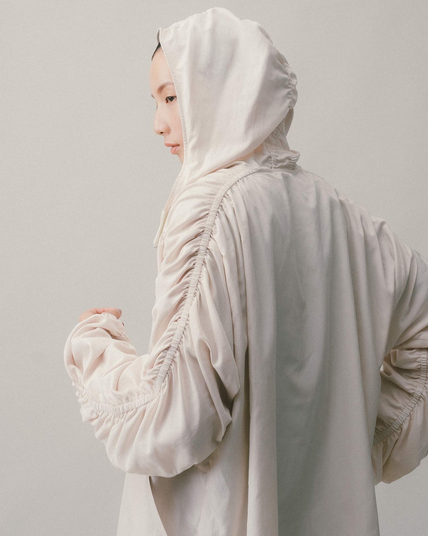 Beige Hooded Shirred Jacket