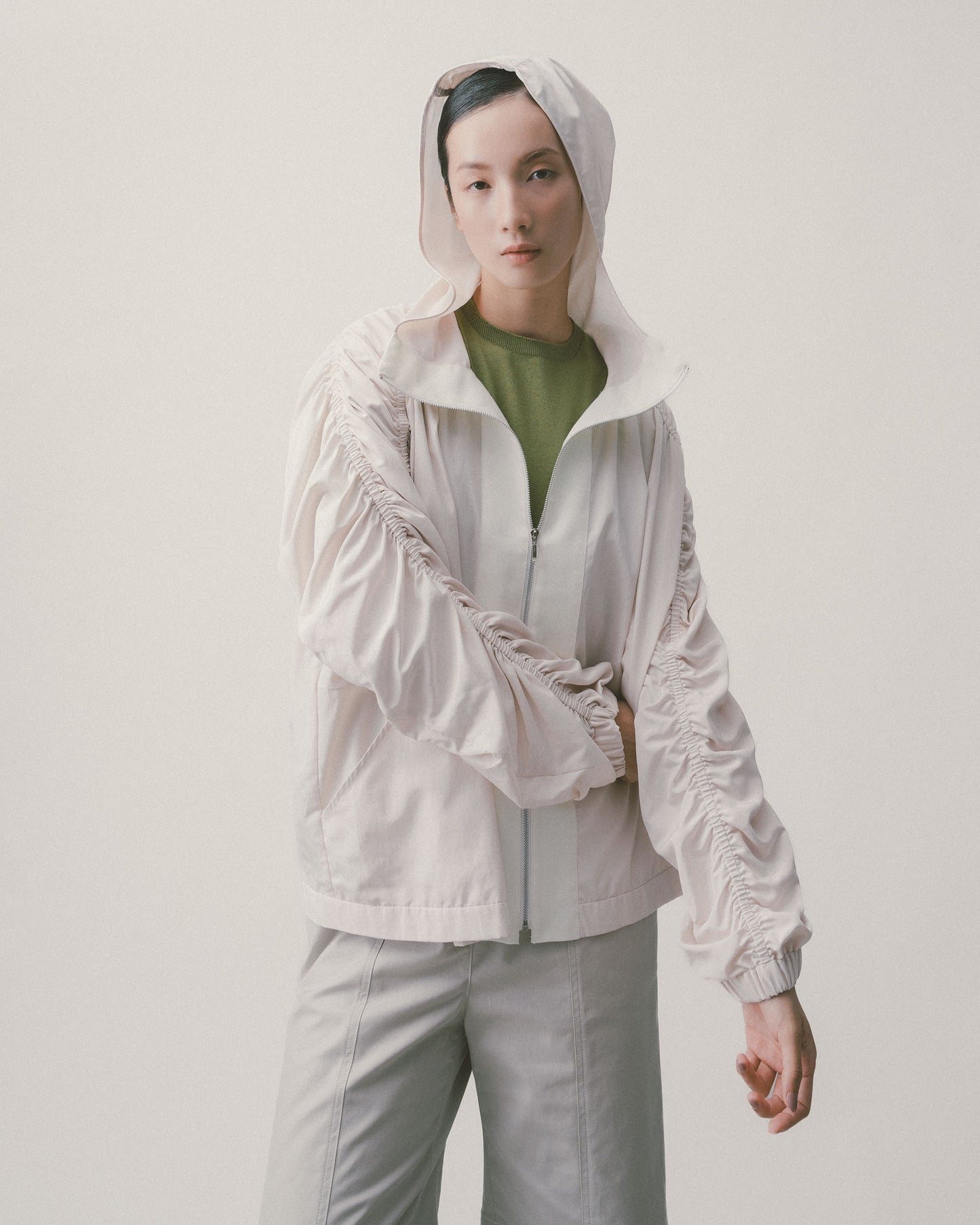 Beige Hooded Shirred Jacket