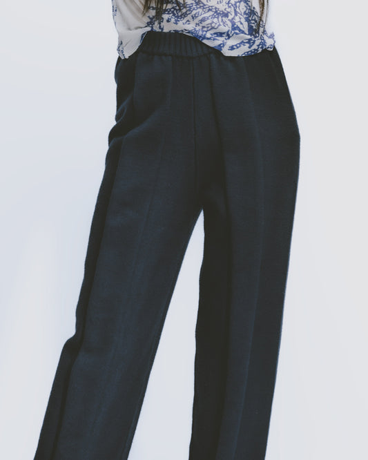 厚磅粗針坑條寬褲 (深藍)