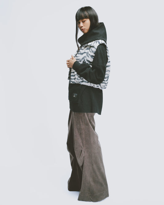 燈芯絨膝摺工裝寬褲(灰綠)